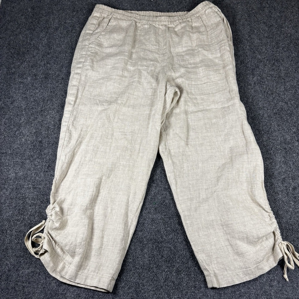 Chico's Linen Pants Womens‎ 3 XL Oatmeal Beige Cropped Ruched Hem Elastic Waist